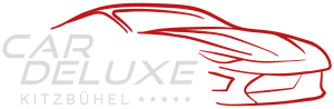 Car Deluxe Logo mit roter Sportwagenlinie, Luxusautos Kitzbühel und exklusiver Autovermietung