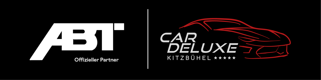 ABT-Logo neben Car Deluxe Kitzbühel-Logo mit roter Sportwagen-Silhouette auf schwarzem Hintergrund